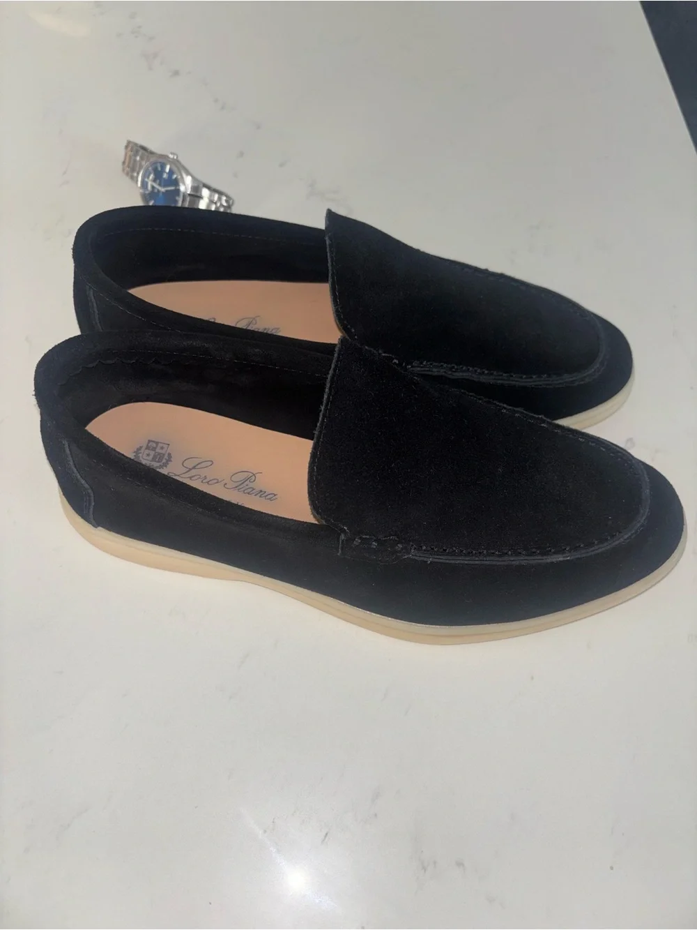 Loro Piana Black Suede Slip-On Loafers with Cream Soles